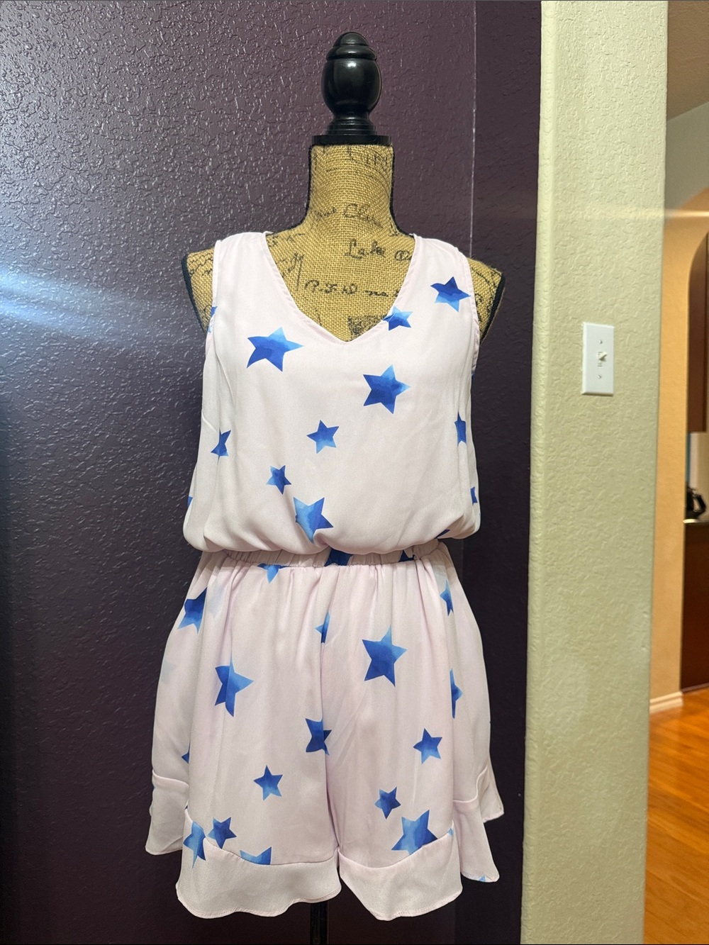 Pink Star Print Sleeveless Romper with Blue Stars